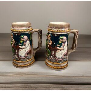 Set of 2 Vintage 7” Tall German Beer Stein Mugs Hand Painted 1975 Tavern Scene